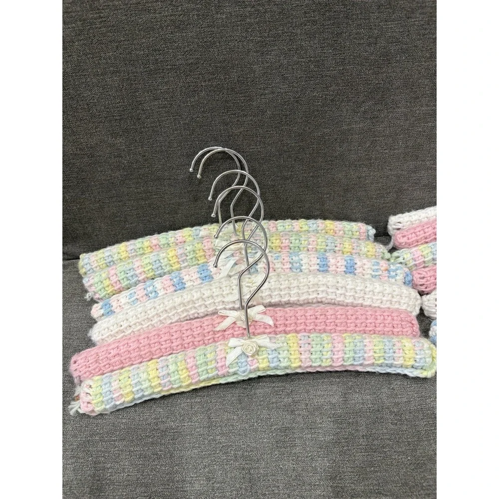 Colorful Baby Vintage 12 Handmade Crochet Yarn Covered Wooden Hangers Metal Hook